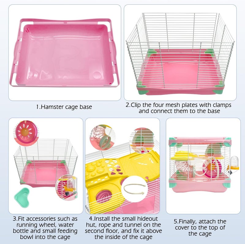 Hamiledyi قفص هامستر محمول 2 طبقات موطن هامستر قزم قفص سفر حيوانات صغيرة مع عجلة تمرين قفص هامستر قفص للفئران أو الهامستر أو الجربيل أو الحيوانات الأليفة الصغيرة الأخرى - Image 5